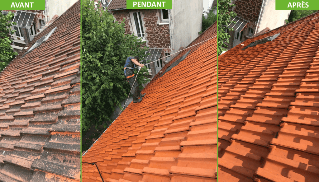 Avant et après application de produit anti-mousse sur un toit.