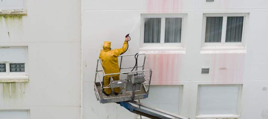 Professionnel effectuant le nettoyage d'une façade de bâtiment industriel 